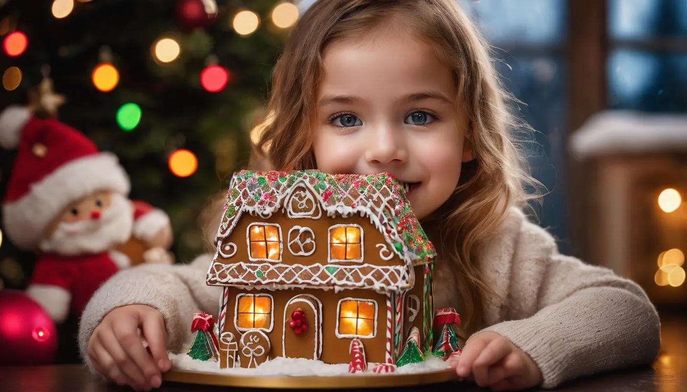 A little girl holding a gingerbread house in front of a christmas tree.