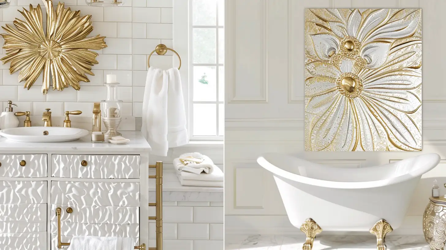 Gold and white bathroom decor.