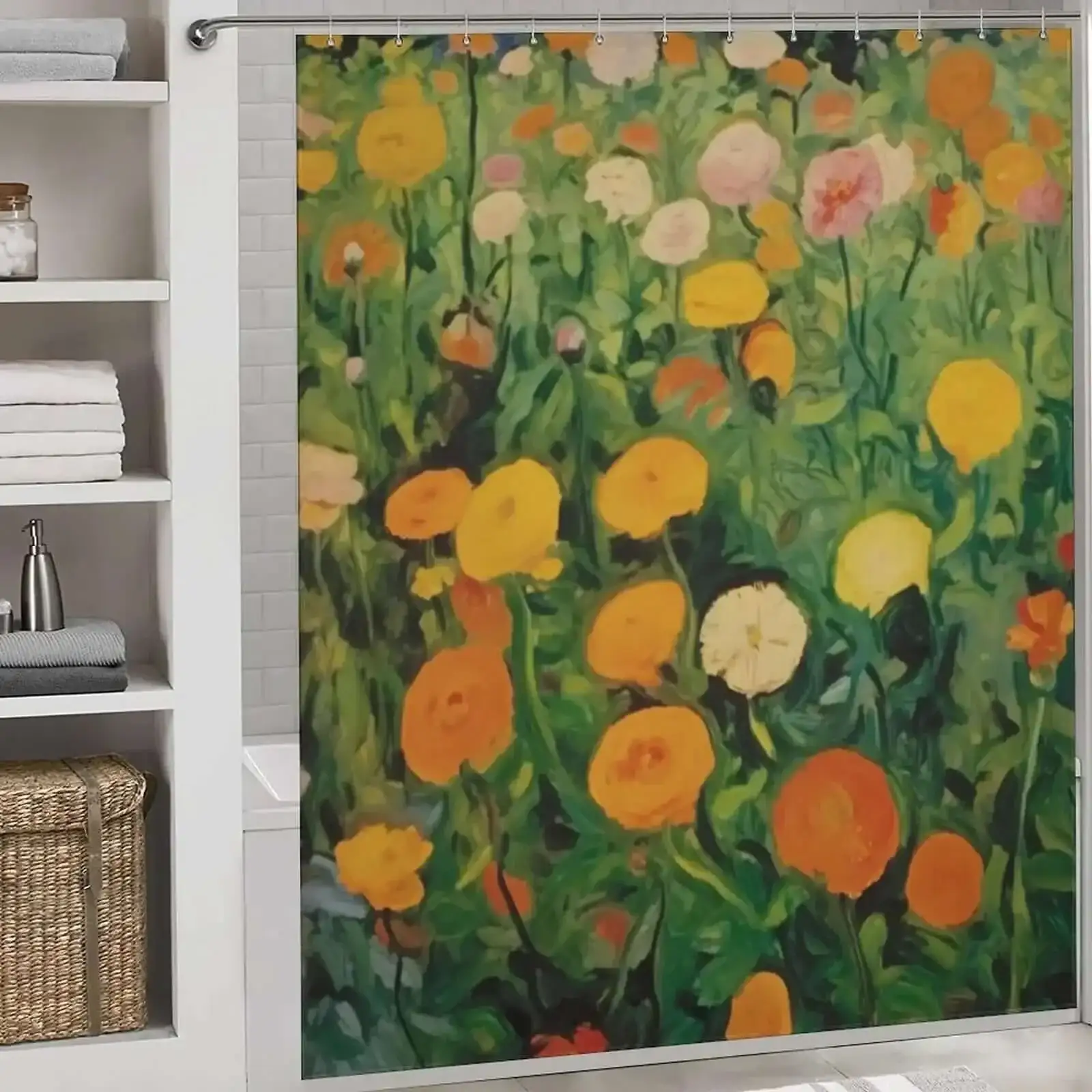 Guest bathroom shower curtain ideas: A shower curtain with a painting of a field of flowers.