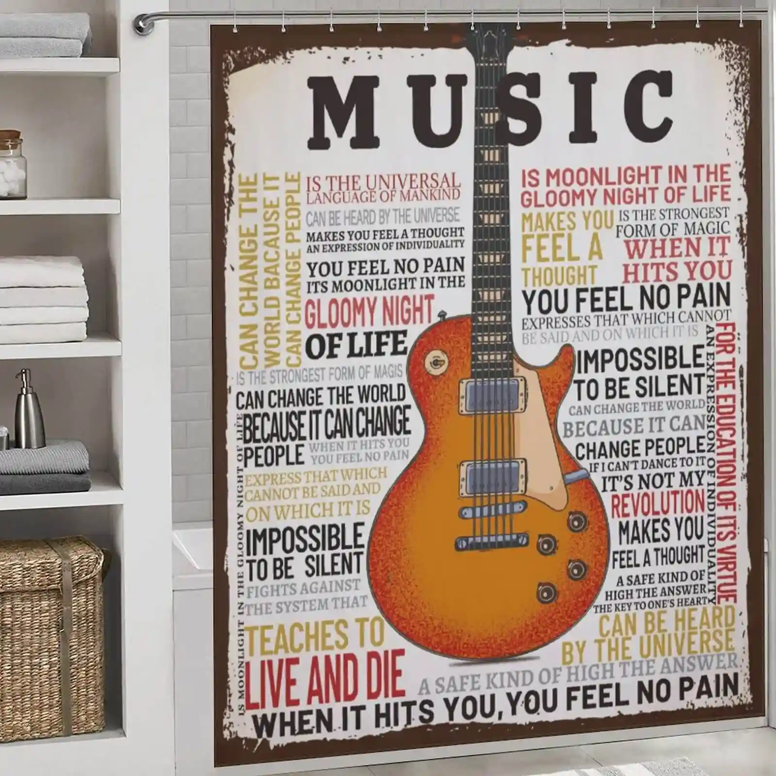 Guest bathroom shower curtain ideas: A shower curtain with a guitar on it.