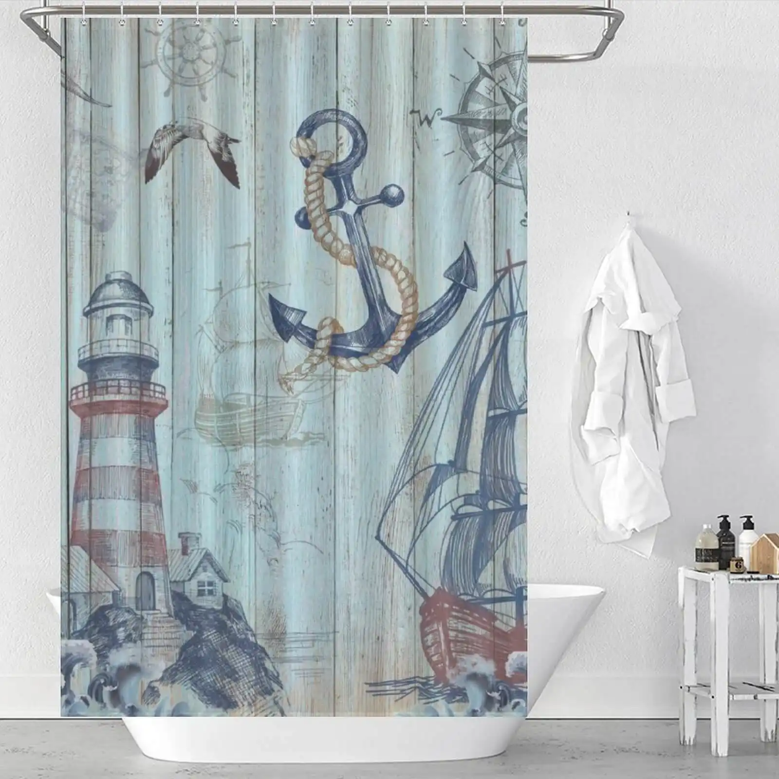 Guest bathroom shower curtain ideas: Nautical shower curtain with anchor and lighthouse.