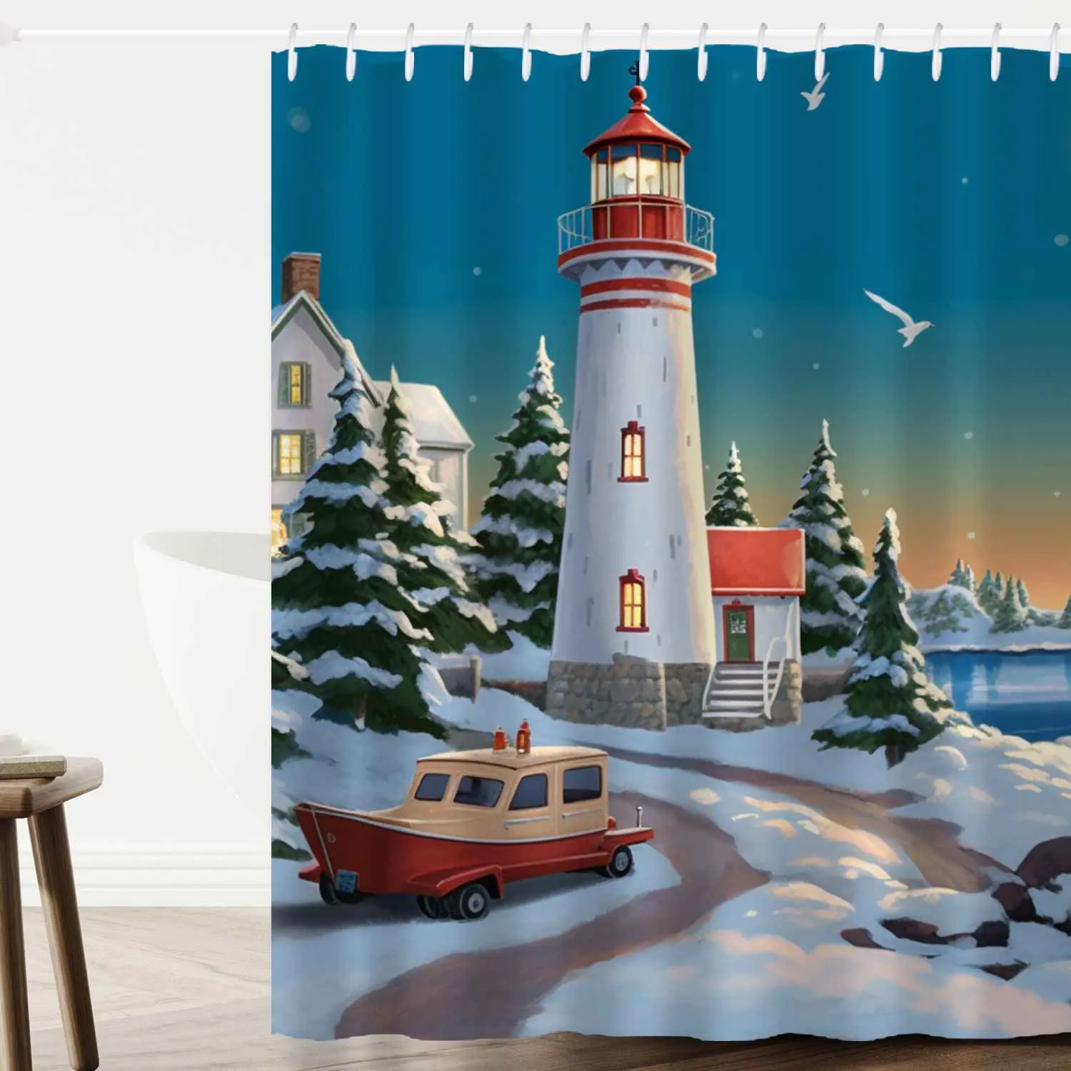 Guest bathroom shower curtain ideas: A shower curtain with a lighthouse in the snow.