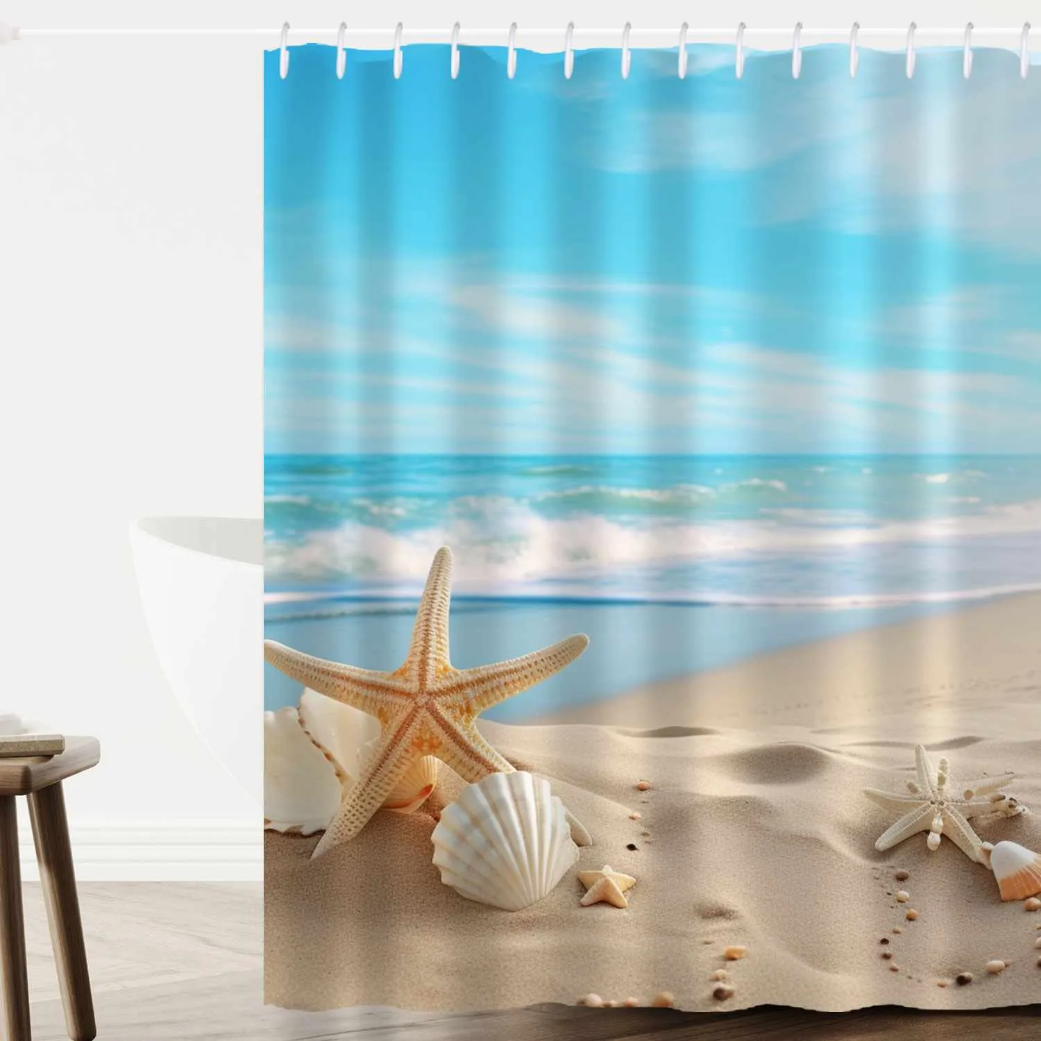 Guest bathroom shower curtain ideas: Starfish and shells on the beach shower curtain.