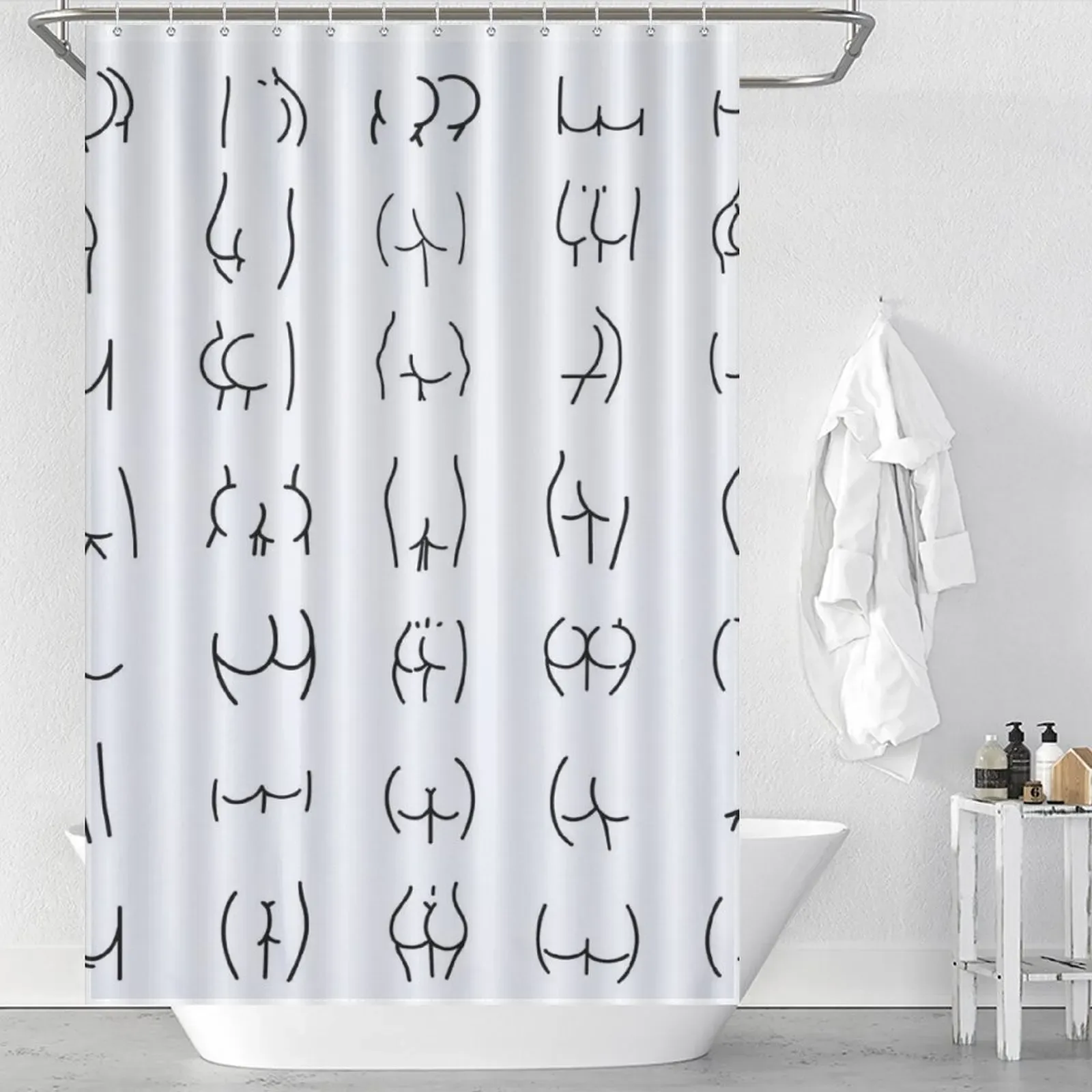 Guest bathroom shower curtain ideas: A white shower curtain with black and white drawings on it.