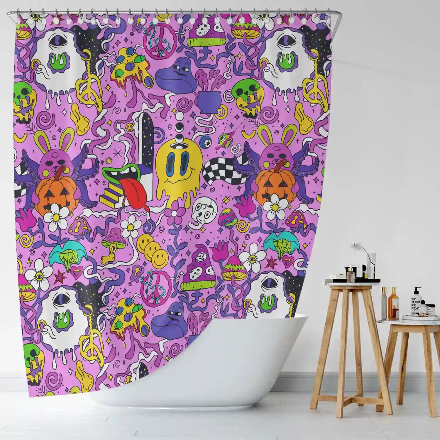 Guest bathroom shower curtain ideas: A purple shower curtain with a variety of cartoon characters on it.