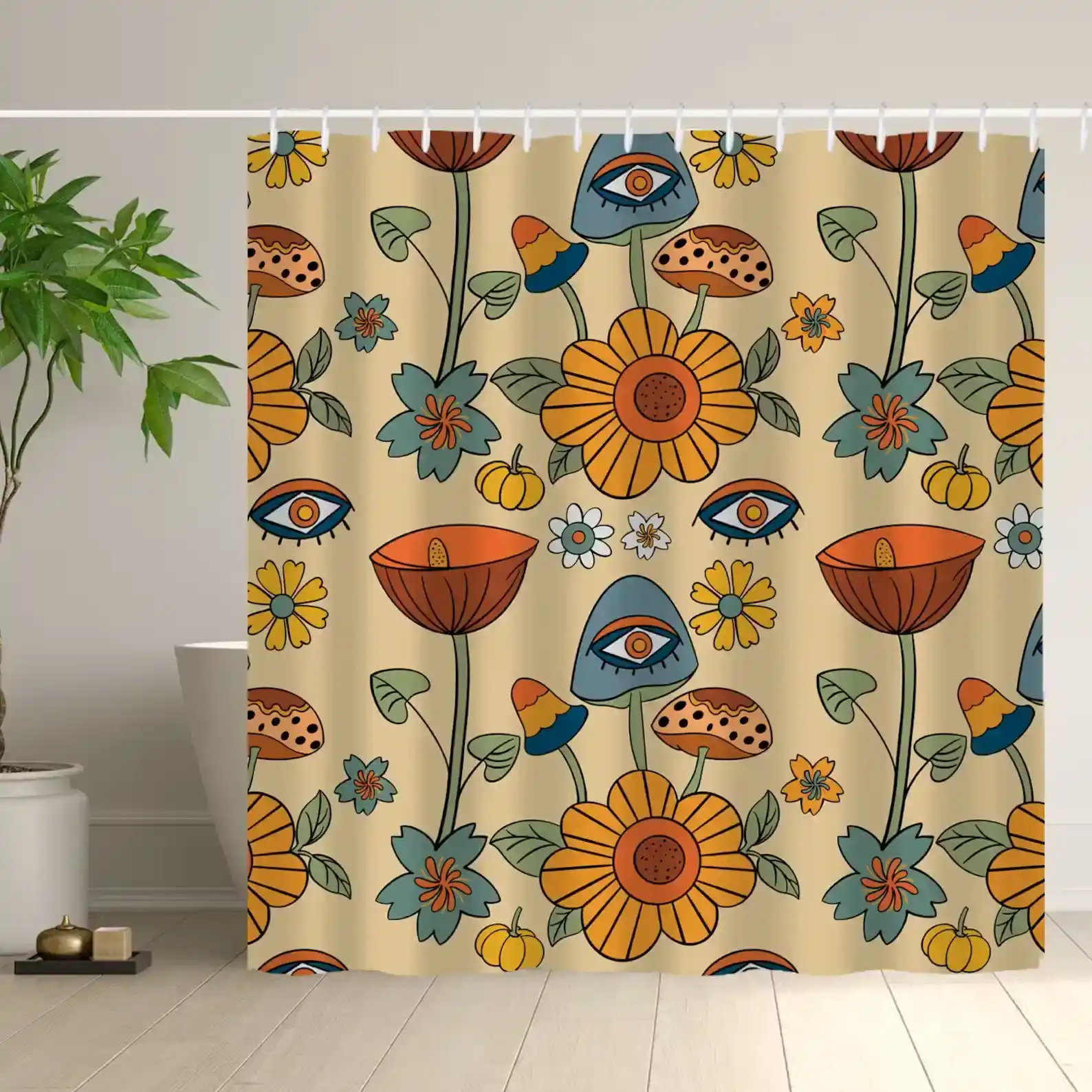 Guest bathroom shower curtain ideas: A shower curtain with an eye and flowers on it.
