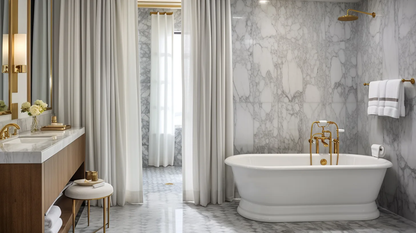 Guest bathroom shower curtain ideas: A bathroom with marble floors and gold accents.