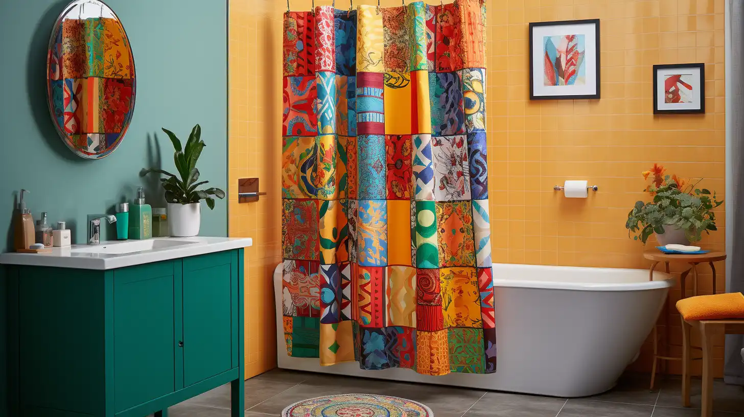 Guest bathroom shower curtain ideas: A bathroom with a colorful shower curtain.