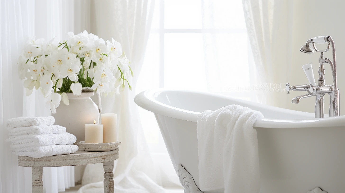 Guest bathroom shower curtain ideas: A bathroom with a white bathtub, towels, and flowers.