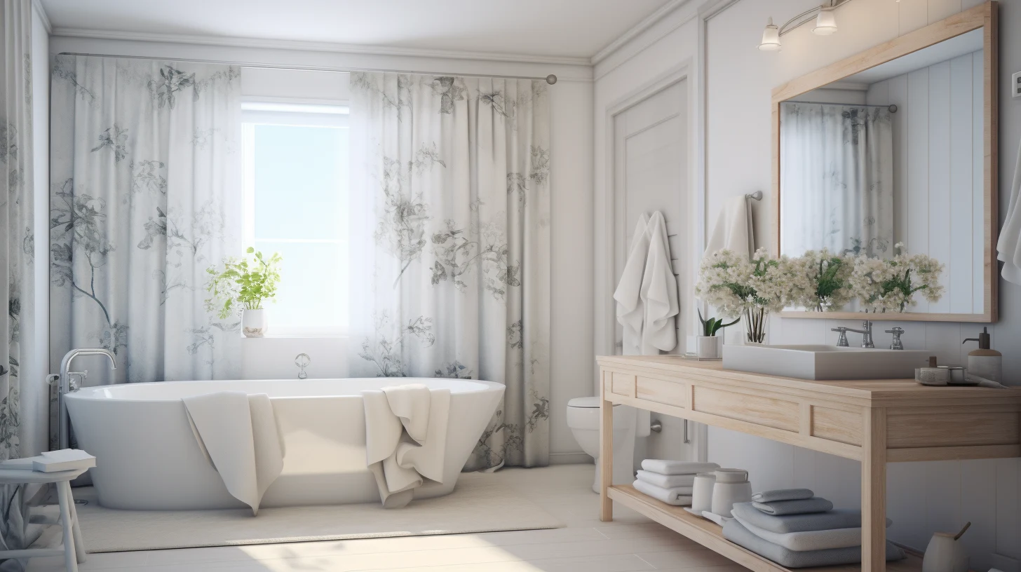 Guest bathroom shower curtain ideas: A white bathroom with a bathtub and a window.