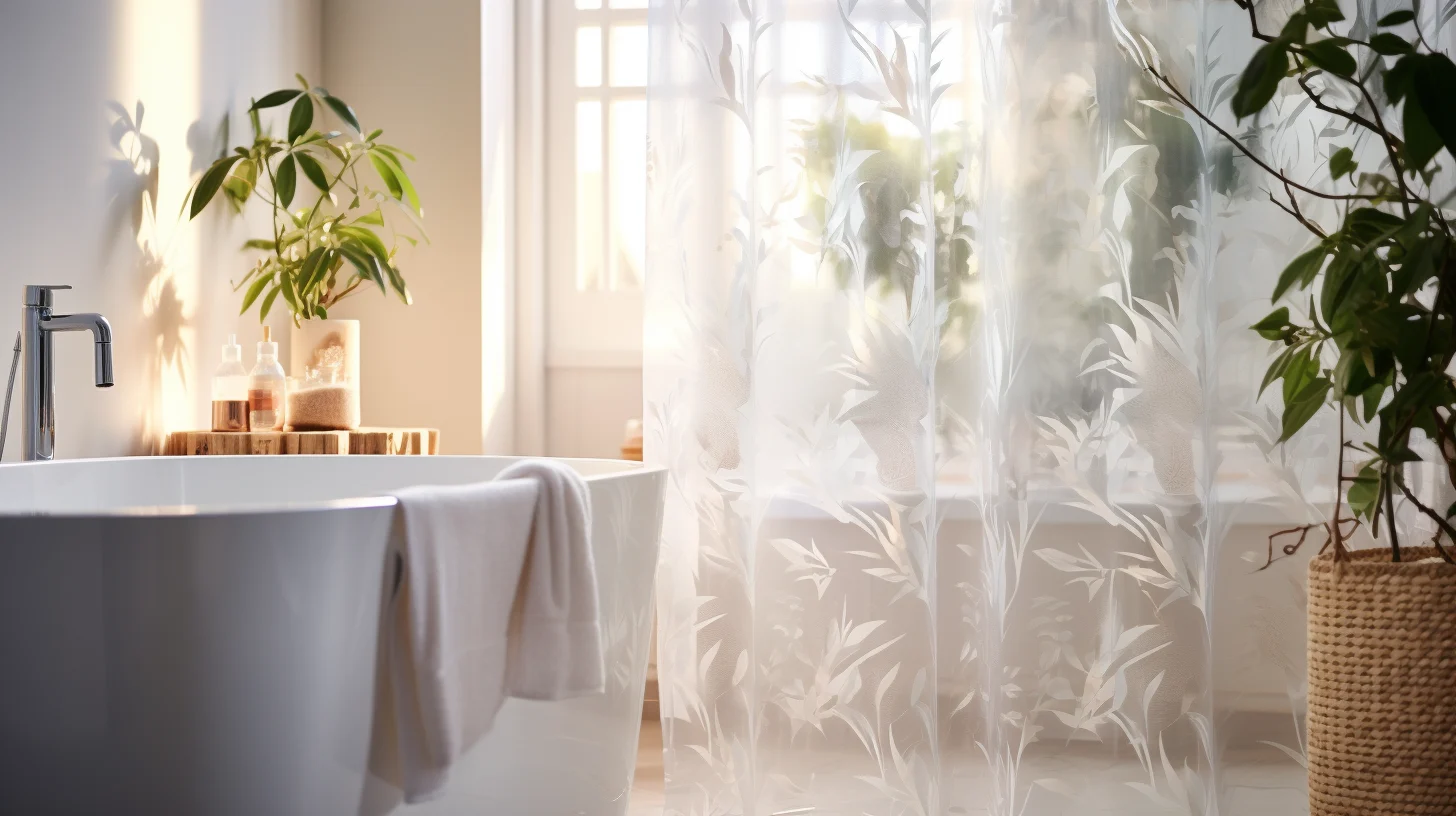 Guest bathroom shower curtain ideas: A bathroom with a white tub and shower curtain.