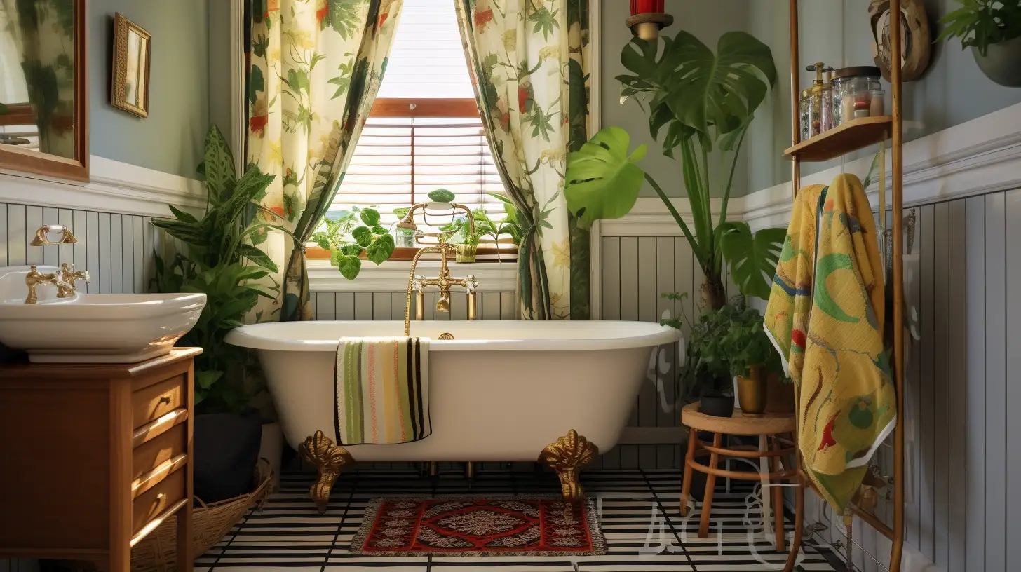 Guest bathroom shower curtain ideas: A bathroom with a bathtub and plants.