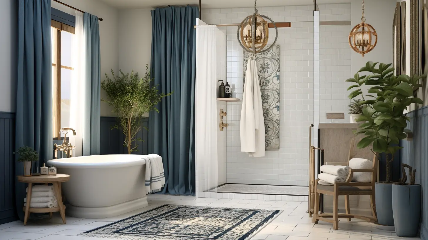 Guest bathroom shower curtain ideas: A bathroom with blue walls and a white tub.