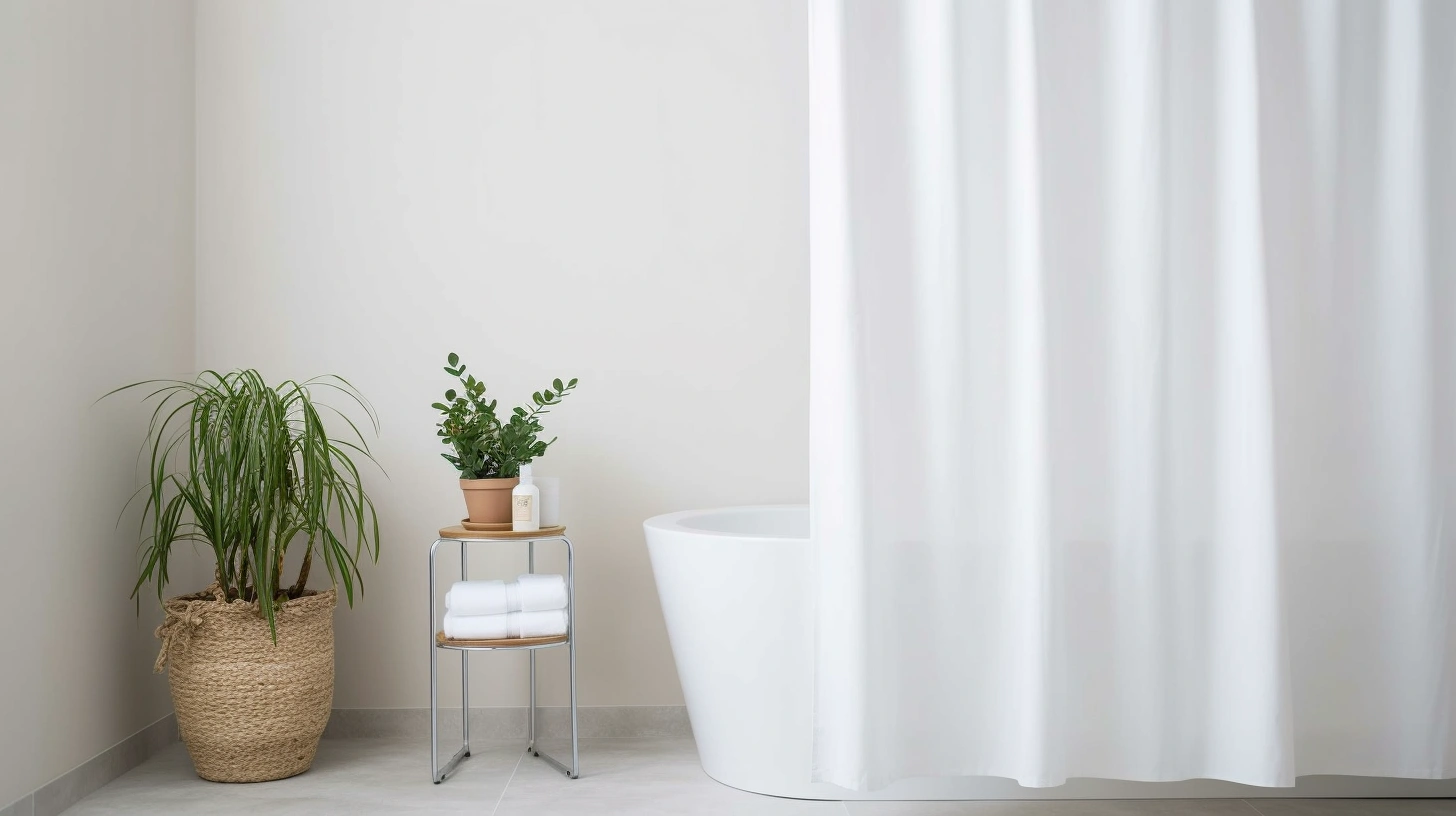 How low should shower curtain hang?A bathroom with a white shower curtain and a potted plant.