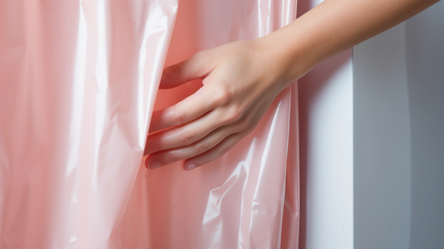 How low should shower curtain hang?A woman's hand is touching a pink plastic curtain.