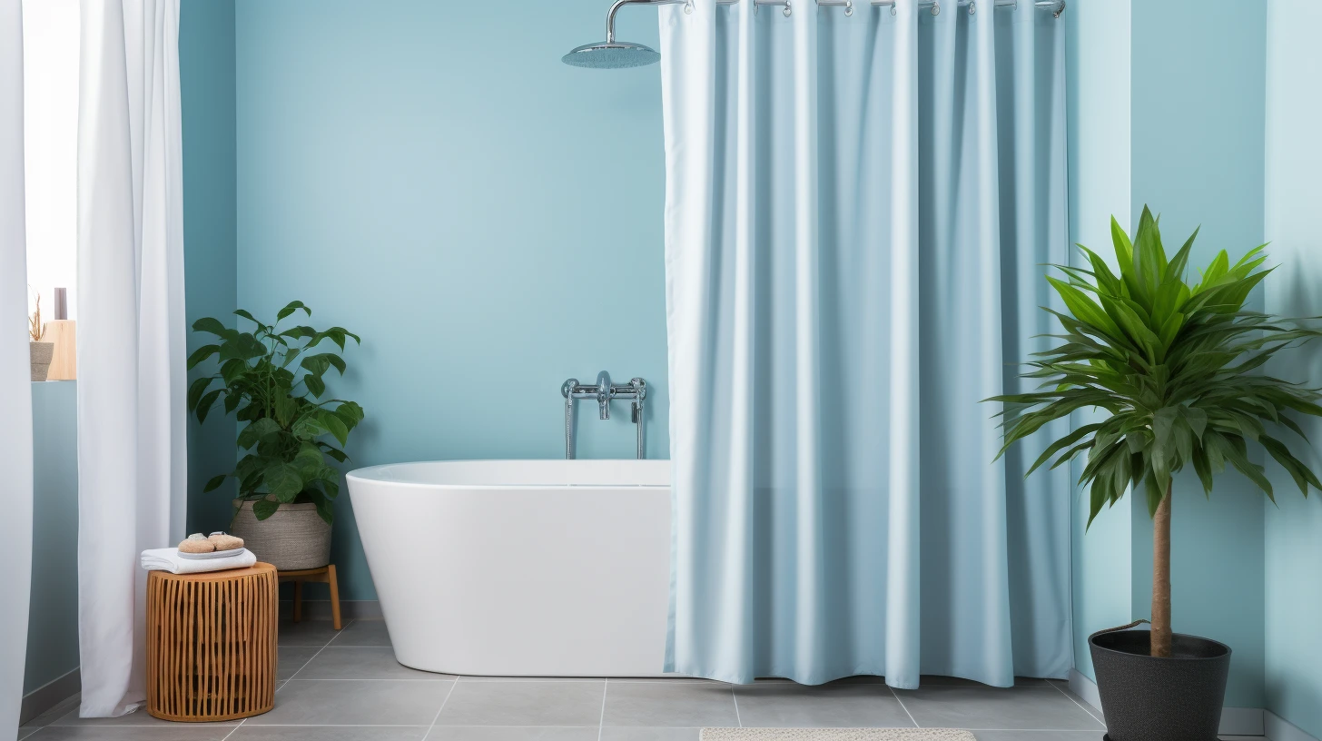 How low should shower curtain hang?A bathroom with blue walls and a bathtub.