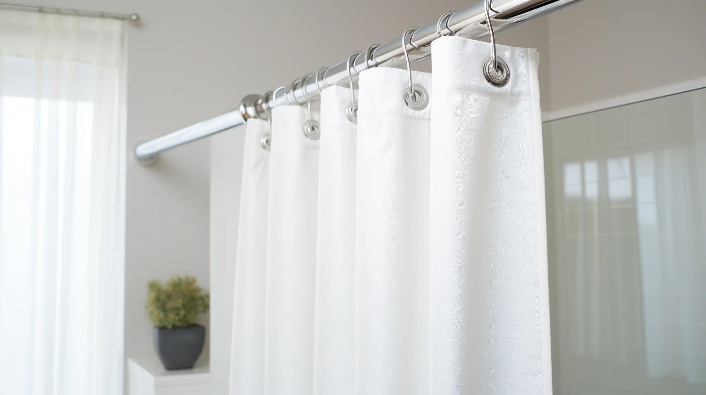 How low should shower curtain hang?A white shower curtain hanging in a bathroom.