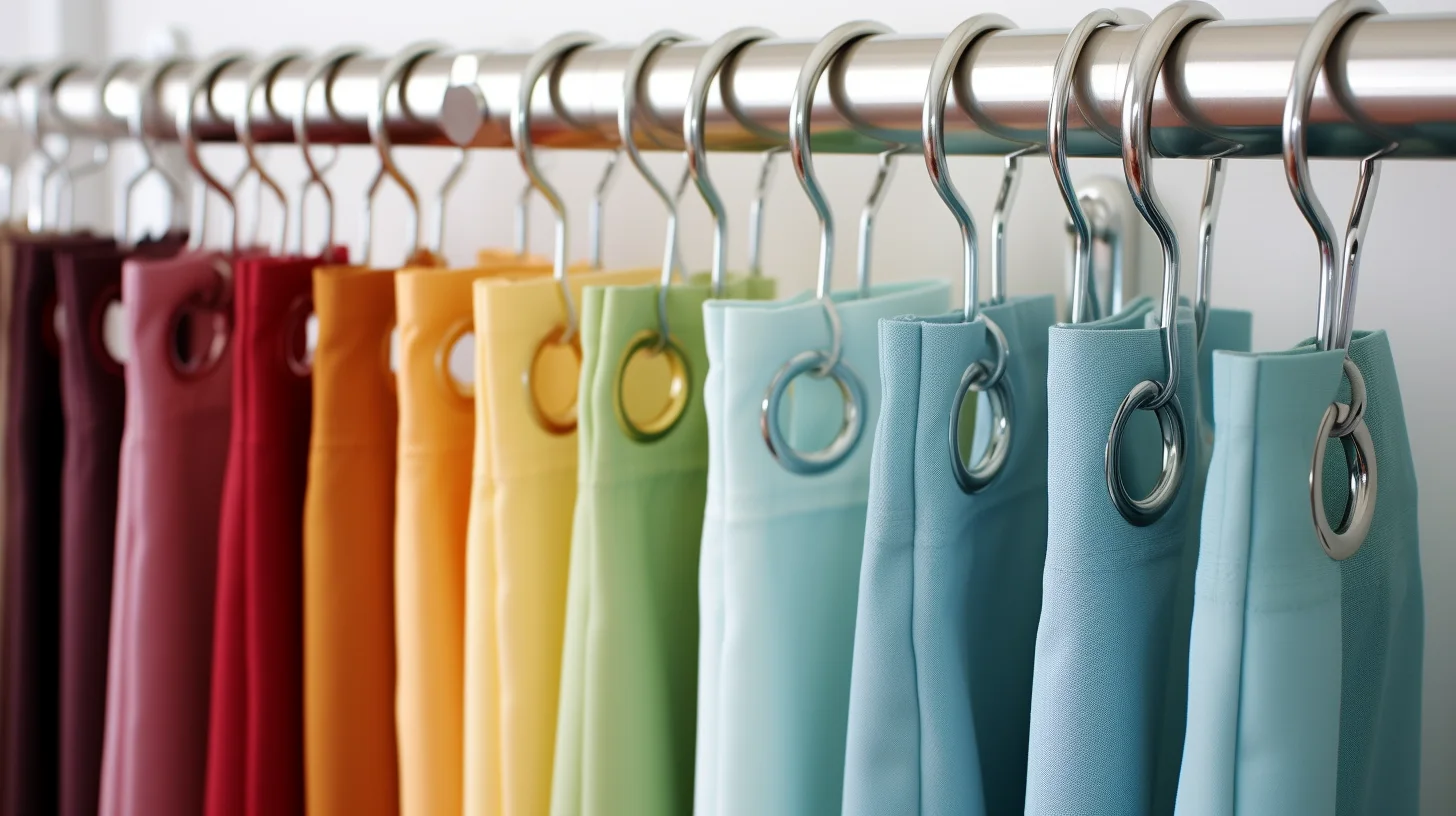How low should shower curtain hang? A row of colorful curtains hanging on a metal rod.