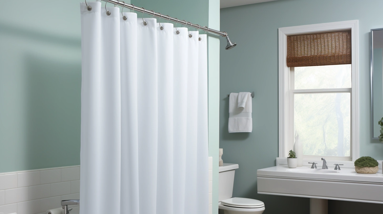 How low should shower curtain hang? A bathroom with green walls and a white shower curtain.