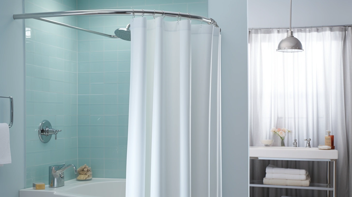 How low should shower curtain hang? A bathroom with a blue shower curtain.