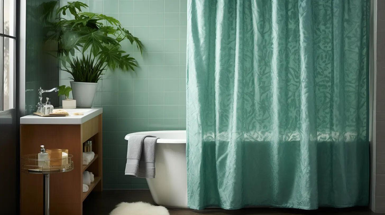 How low should shower curtain hang?A bathroom with a green shower curtain.