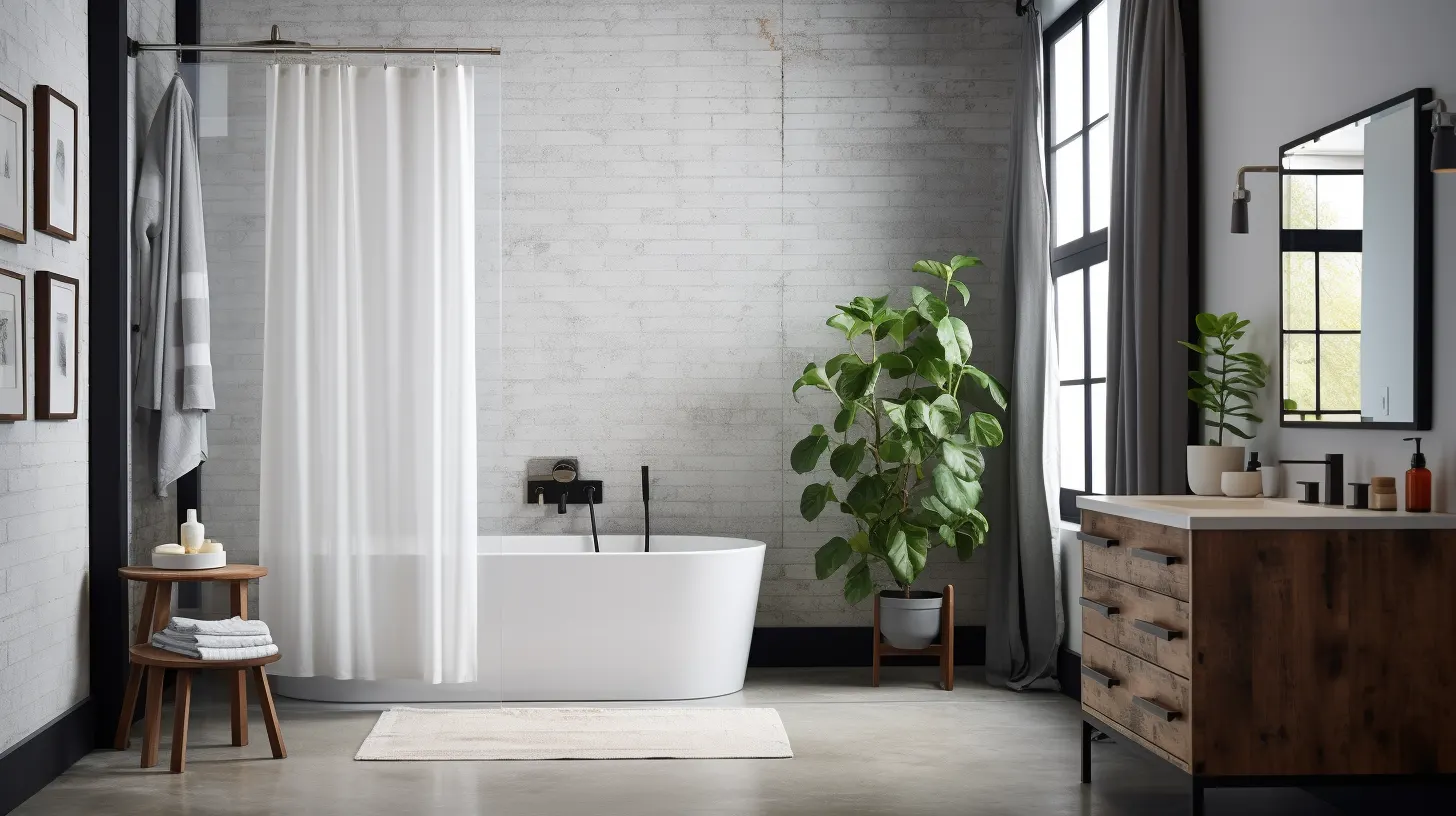 How low should shower curtain hang?A modern bathroom with a tub, sink, and mirror.