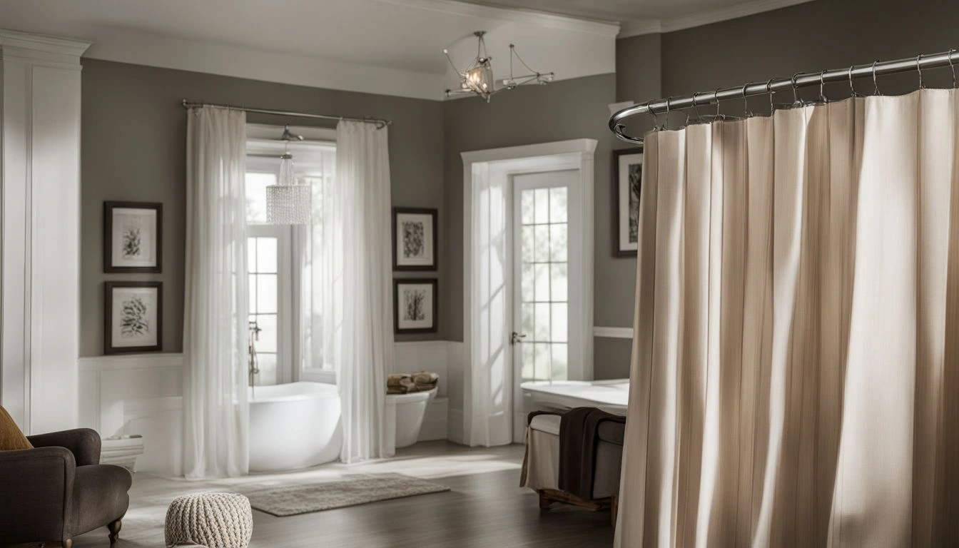 A bathroom with beige walls and a shower curtain.