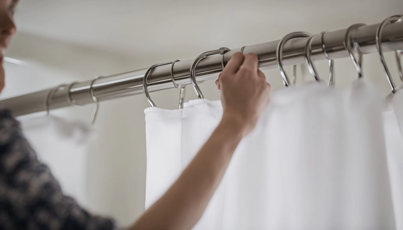 A woman is hanging a shower curtain on a rod.
