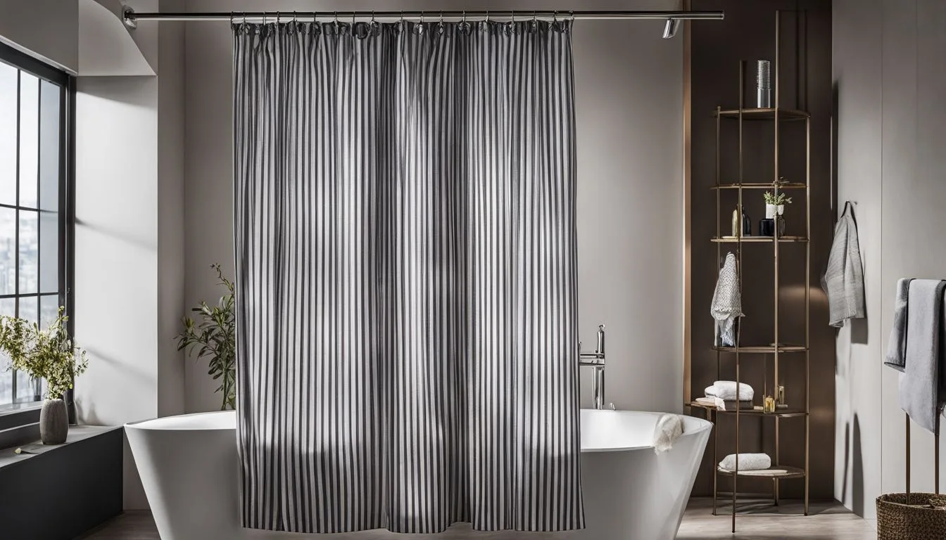 A bathroom with a bathtub and shower curtain.