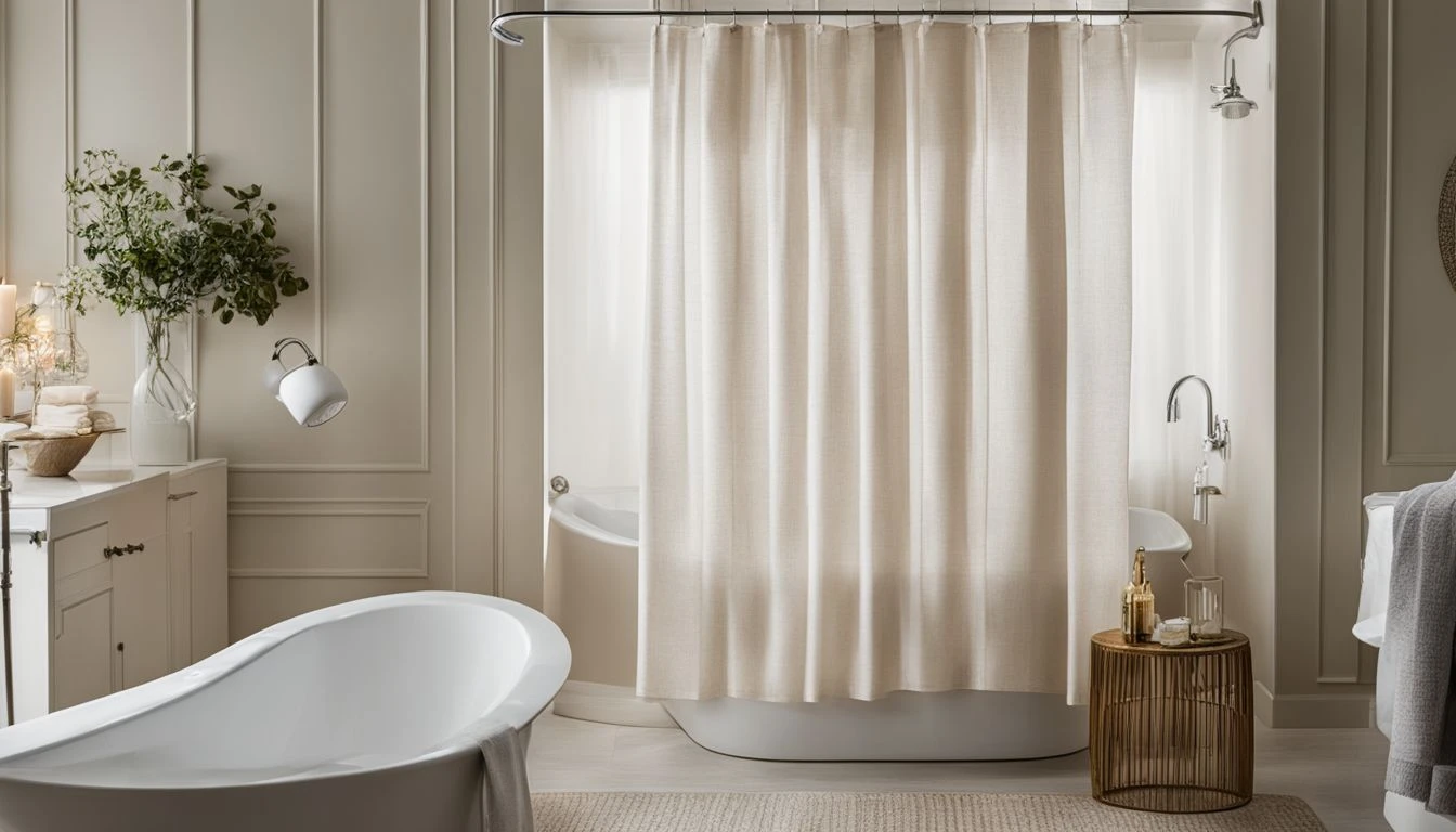 A bathroom with a white tub and white shower curtain.