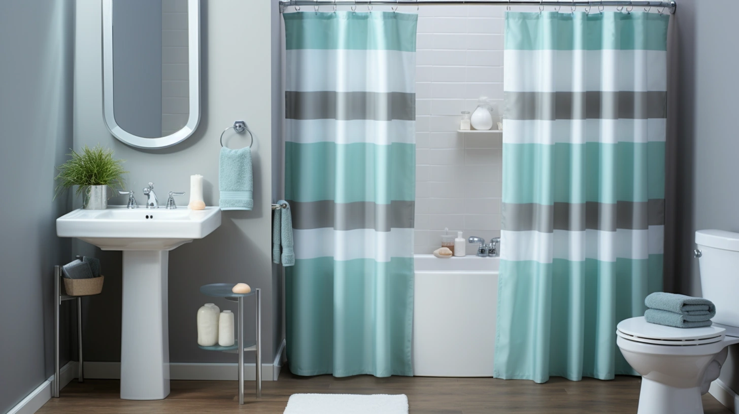 How many shower curtains do i need:A bathroom with a blue and white striped shower curtain.
