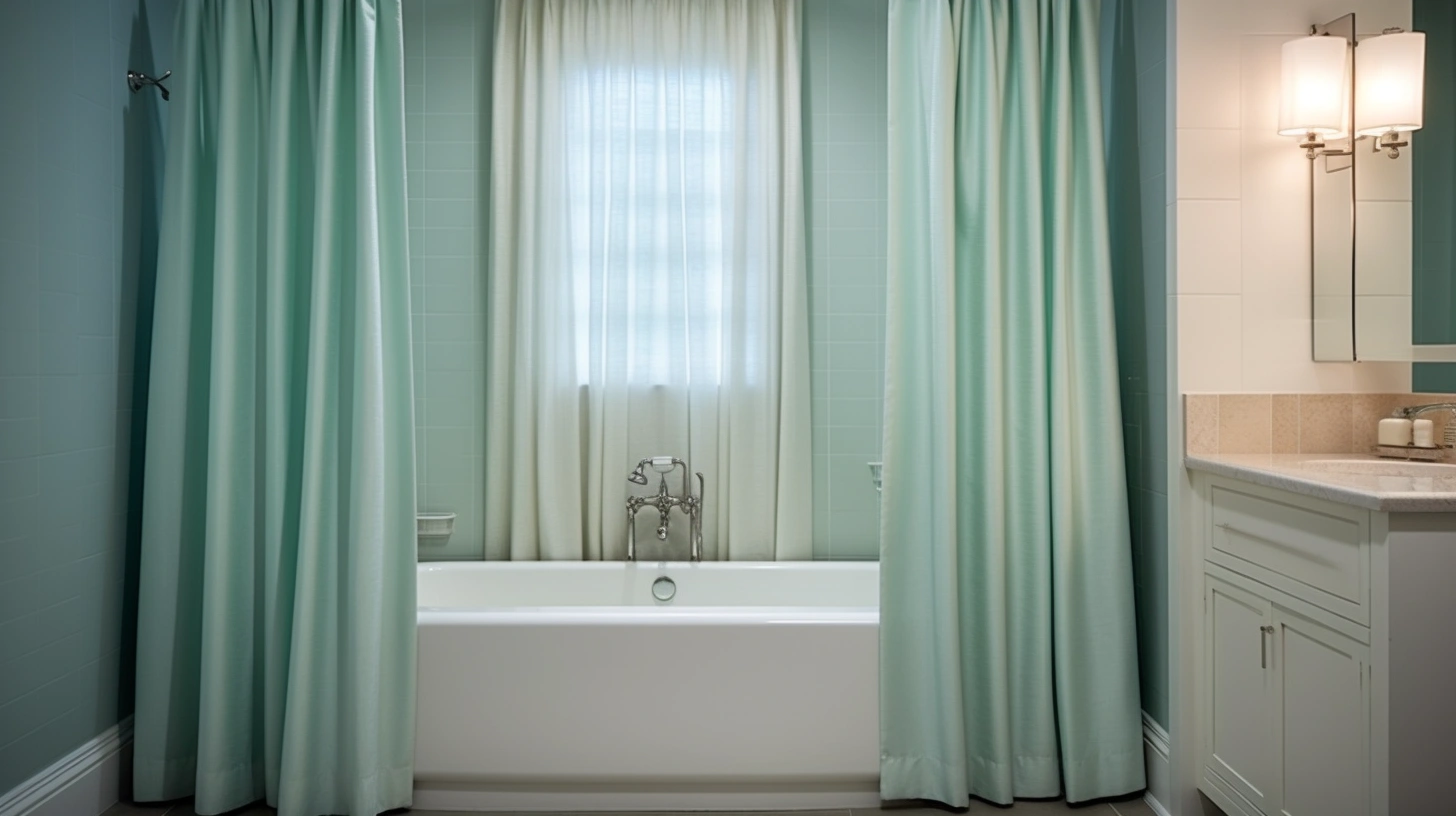 How many shower curtains do i need:A bathroom with green curtains and a tub.