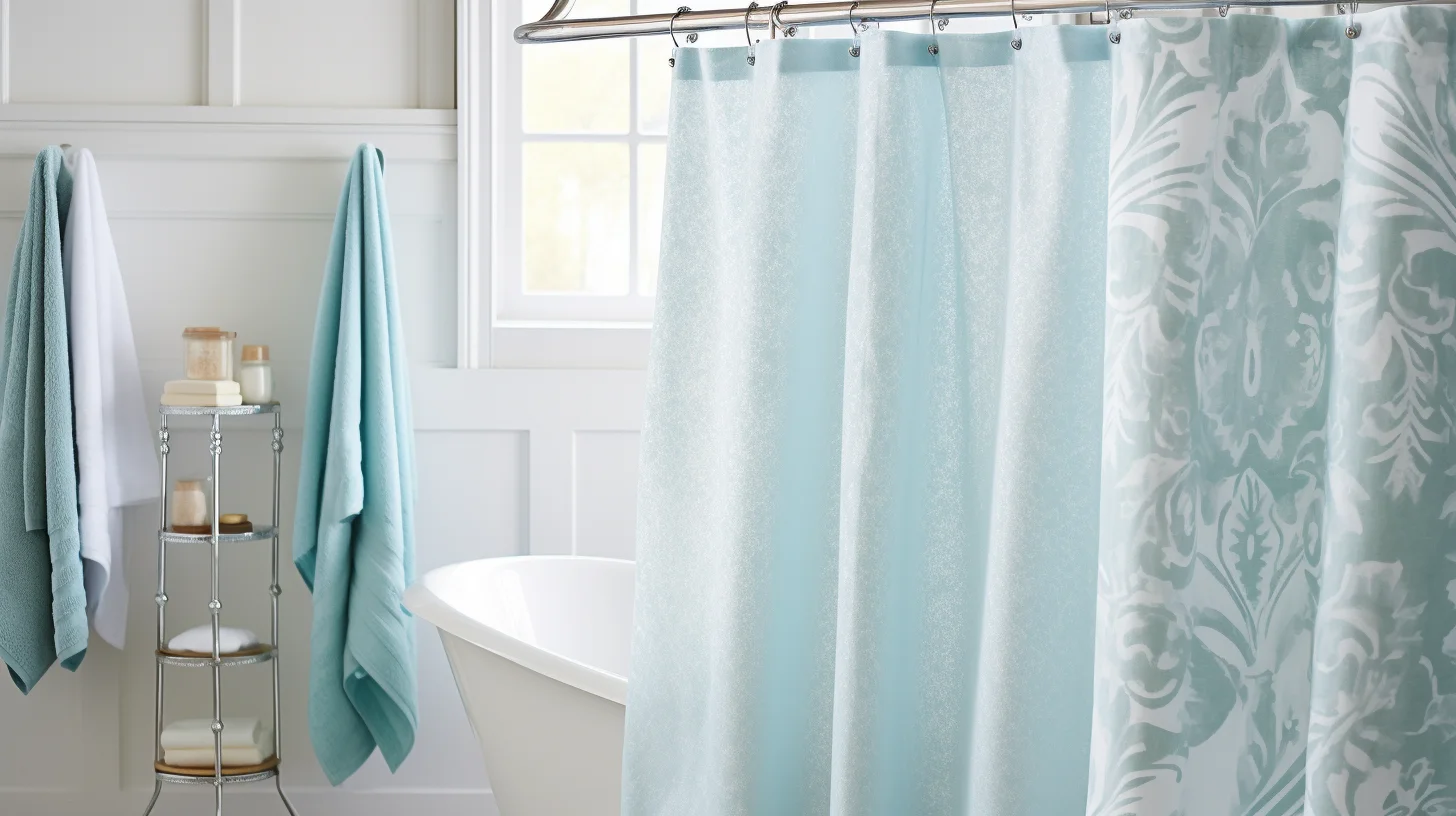 How many shower curtains do i need:A bathroom with a blue and white shower curtain.