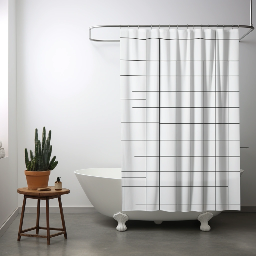 A white curtain over a tub, with an object in the background, exemplifying how to choose a shower curtain