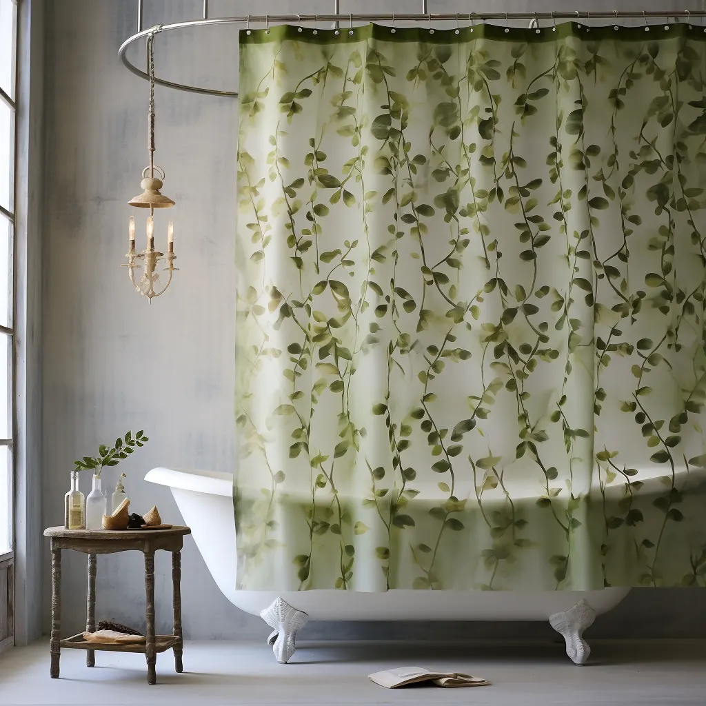 A white and green bathroom curtain, in the style of nature-based patterns, illustrating how to choose a shower curtain.