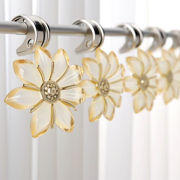 Choose a suitable shower curtain with flower petal and jewelry-style metal hooks.
