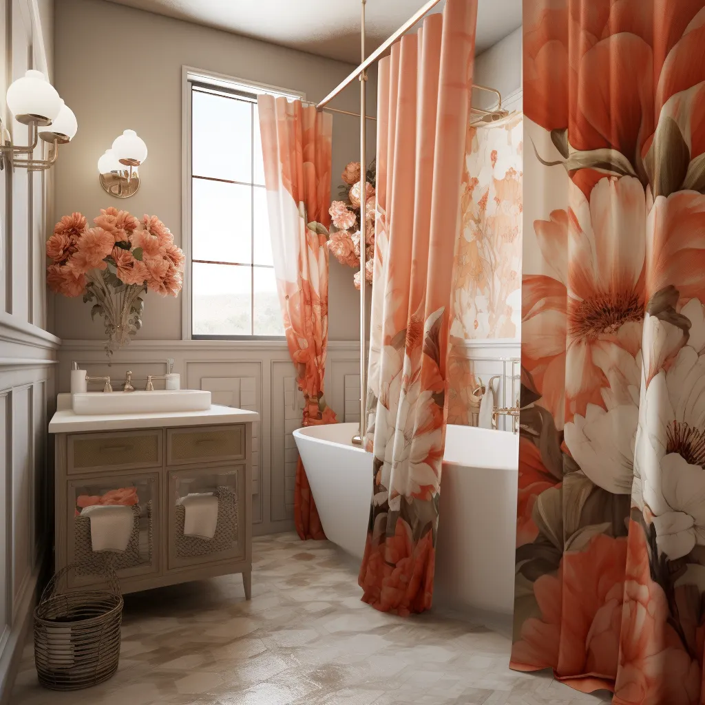 A small bathroom with white decor and floral shower curtains, showcasing how to choose a shower curtain.