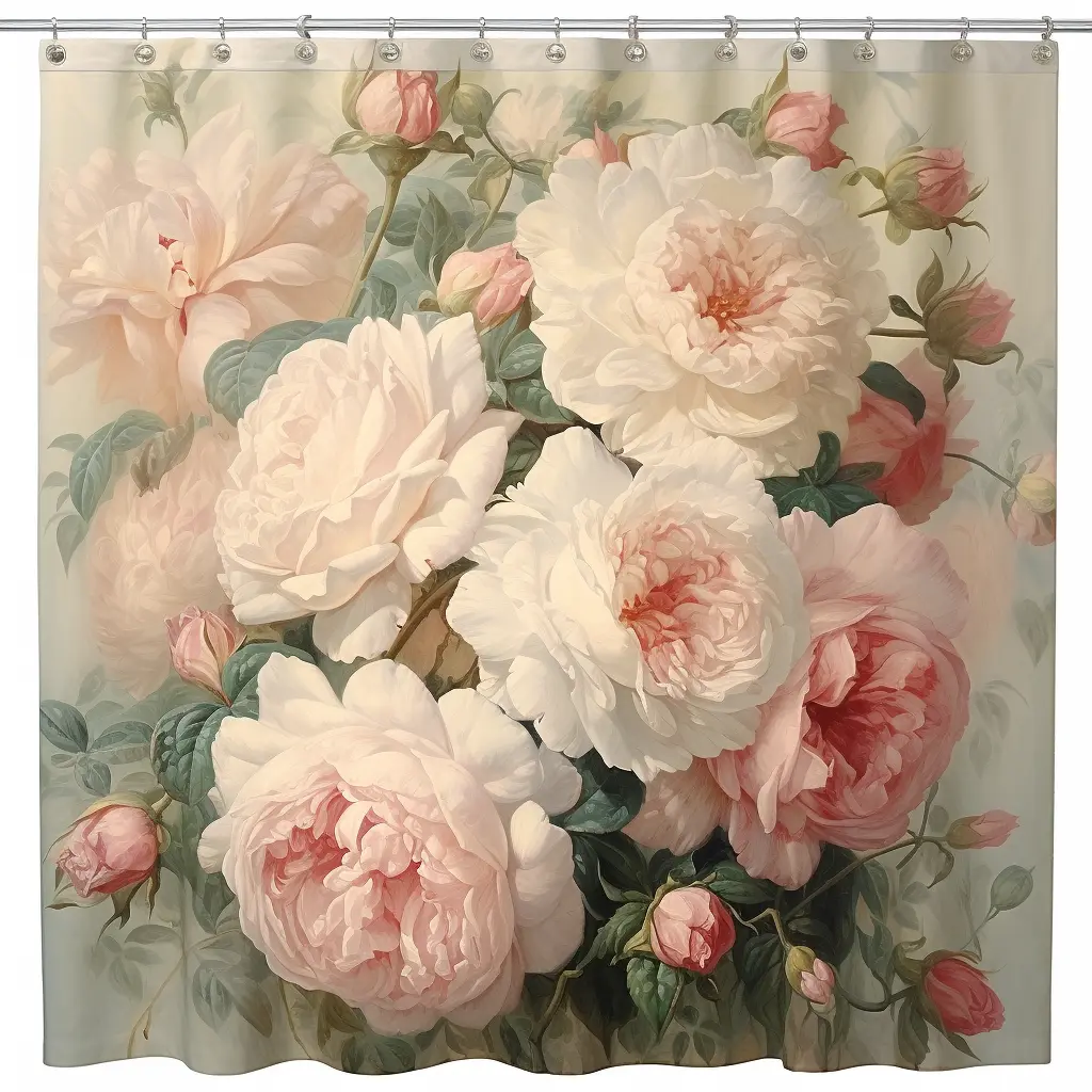 How to cut a shower curtain: A shower curtain with pink and white roses.