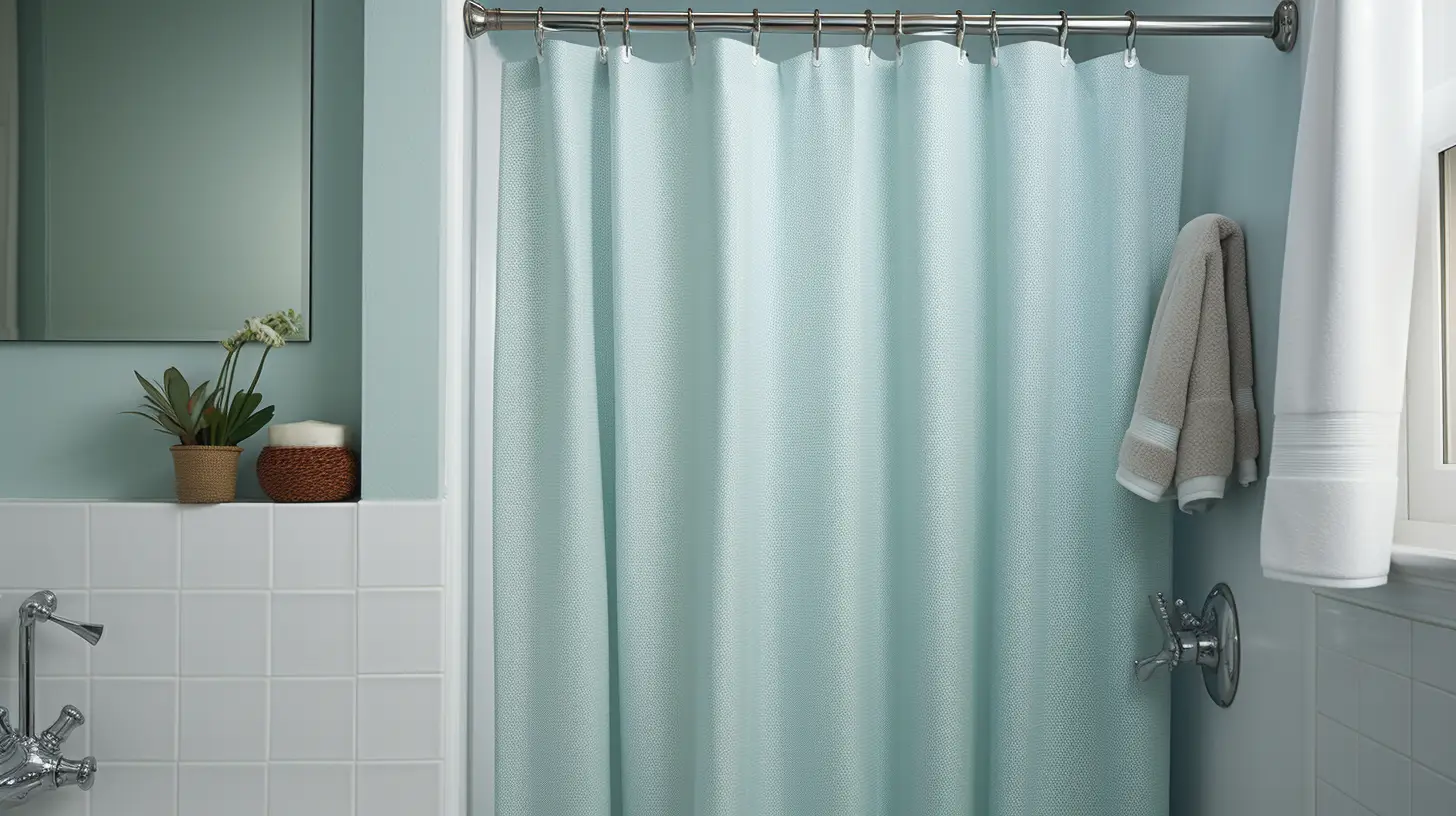 How to cut a shower curtain: A bathroom with a light blue shower curtain.