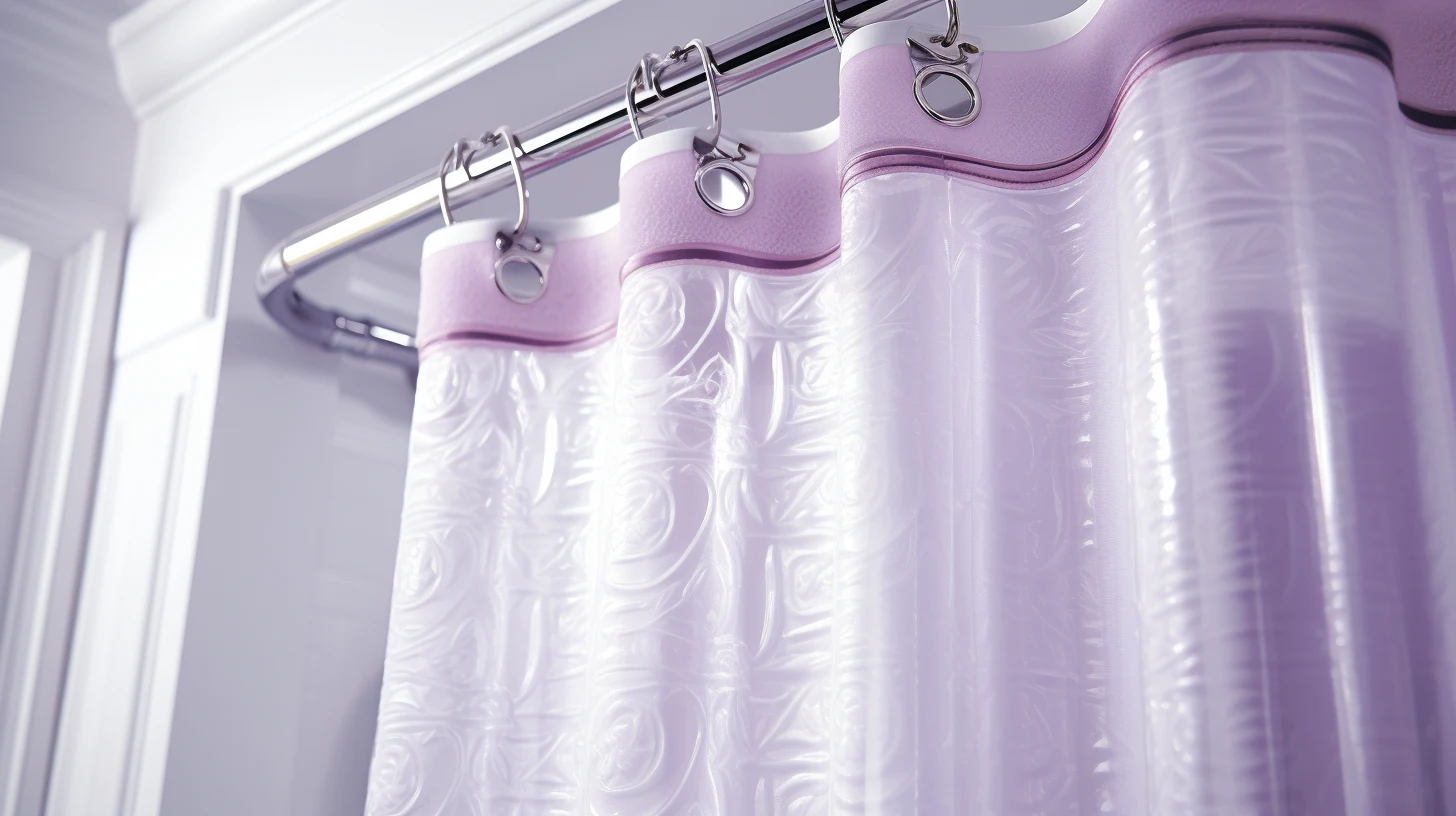 How to cut a shower curtain: A purple shower curtain hangs on a rod in a bathroom.