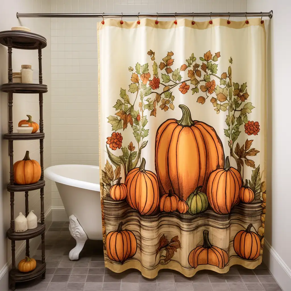 How to cut a shower curtain: A bathroom with a shower curtain decorated with pumpkins.