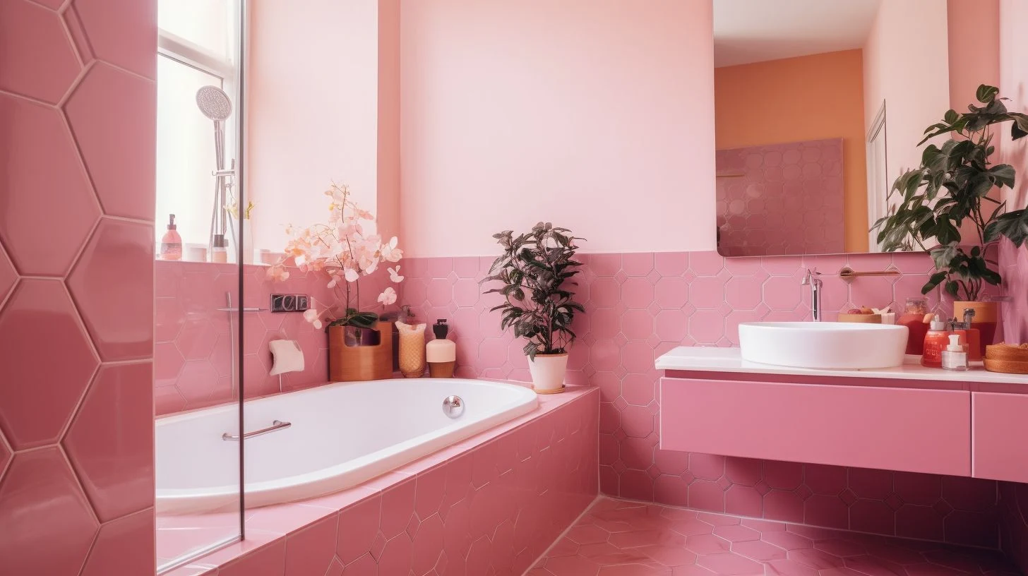 A pink tiled bathroom with a tub and sink.