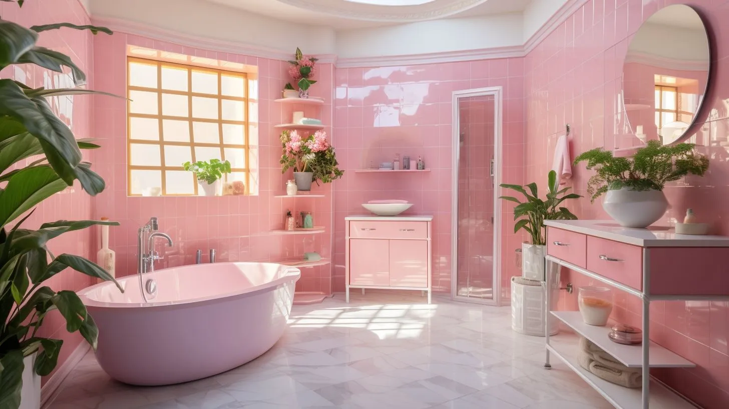A bathroom with pink walls and a pink tub.