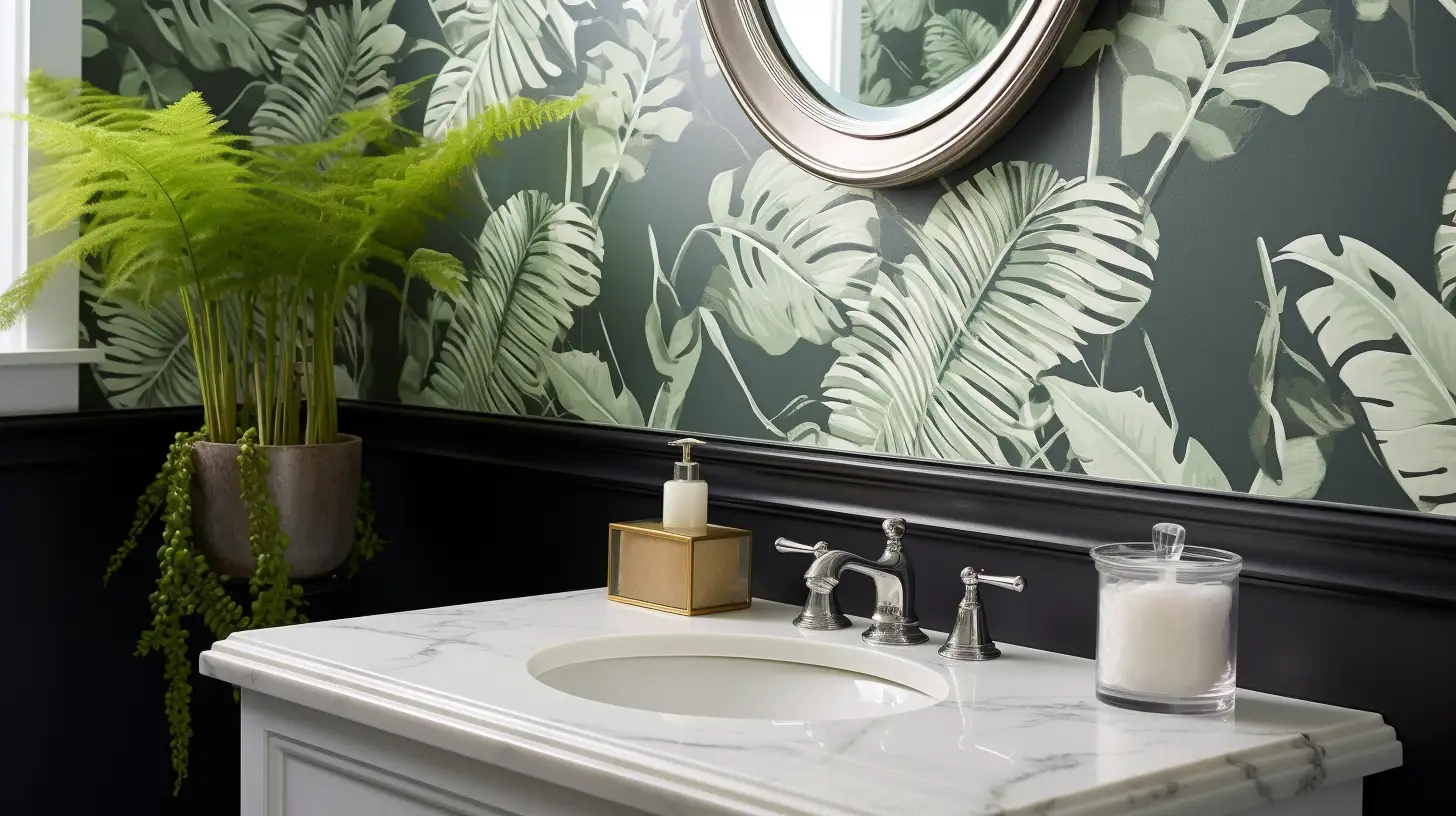 How to decorate a bathroom wall：A bathroom with a green wallpaper and a fern.