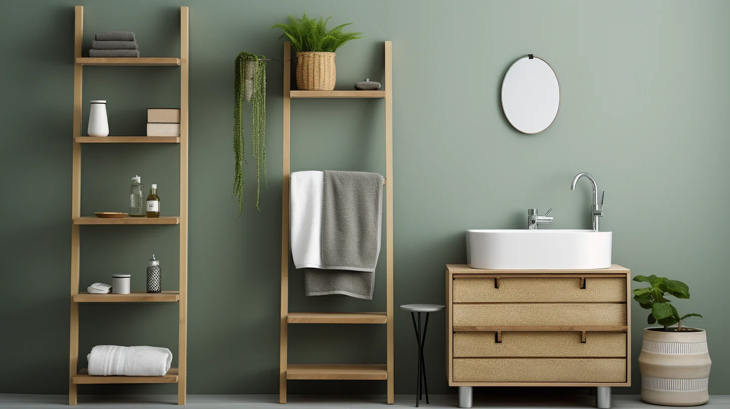 How to decorate a bathroom wall：A bathroom with green walls and wooden shelves.