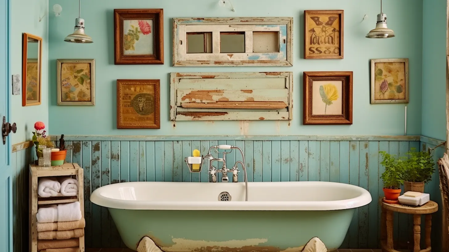 How to decorate a bathroom wall：A bathroom with a blue tub and framed pictures.