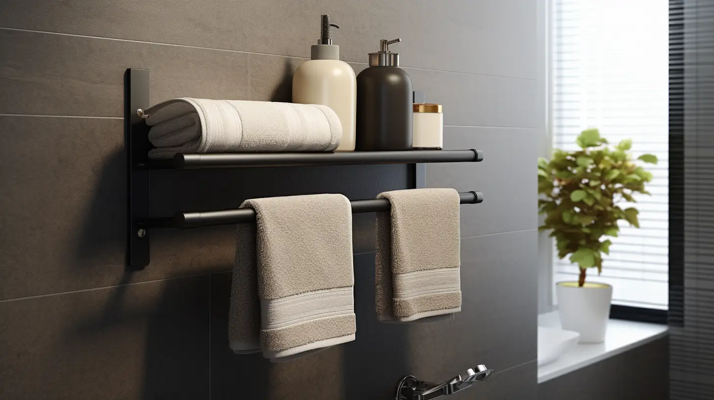 How to decorate a bathroom wall：A black towel rack in a bathroom.