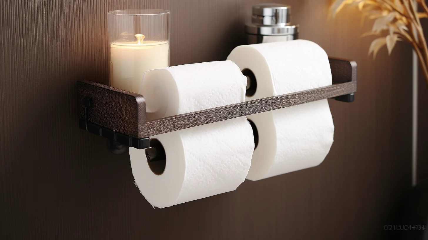 How to decorate a bathroom wall：A toilet paper holder with two rolls of toilet paper and a candle.