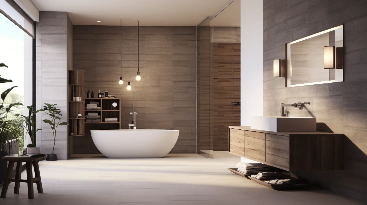 How to decorate a bathroom wall：3d rendering of a modern bathroom with a tub and sink.