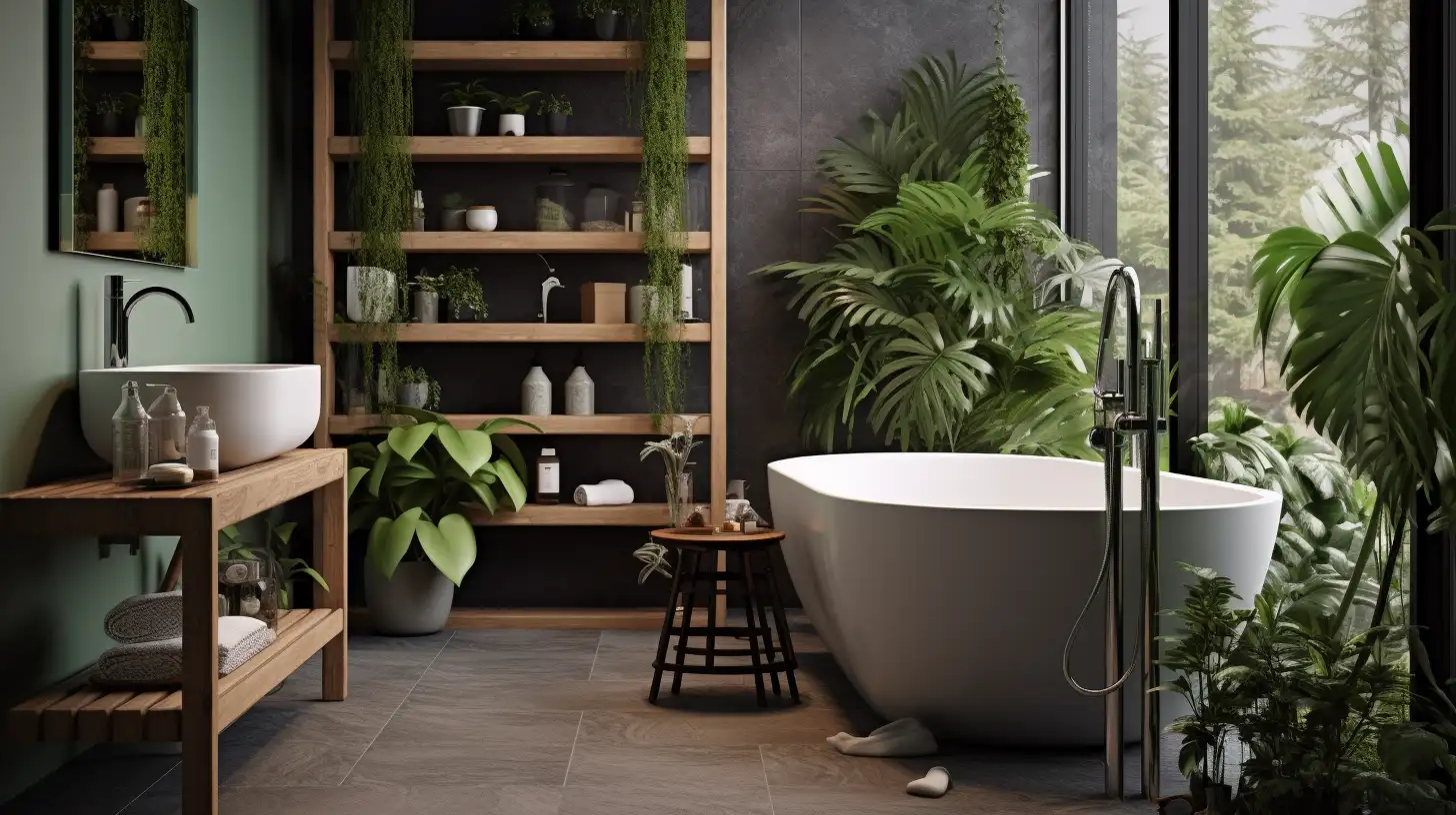 How to decorate a bathroom wall：A bathroom with plants and a bathtub.